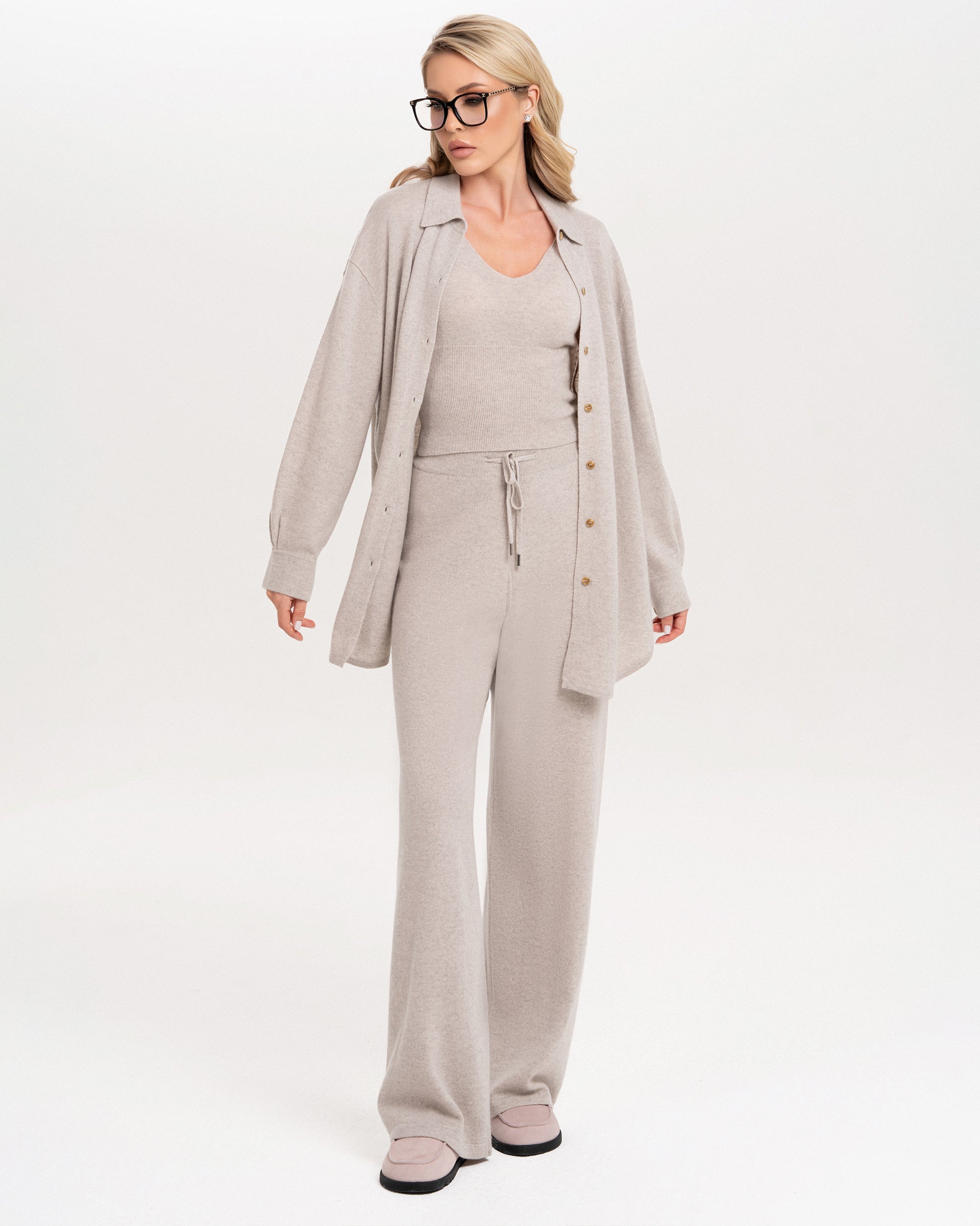 Luxury Cashmere Knit Lounge Set, Relaxed Fit Shirt & Wide-Leg Pants