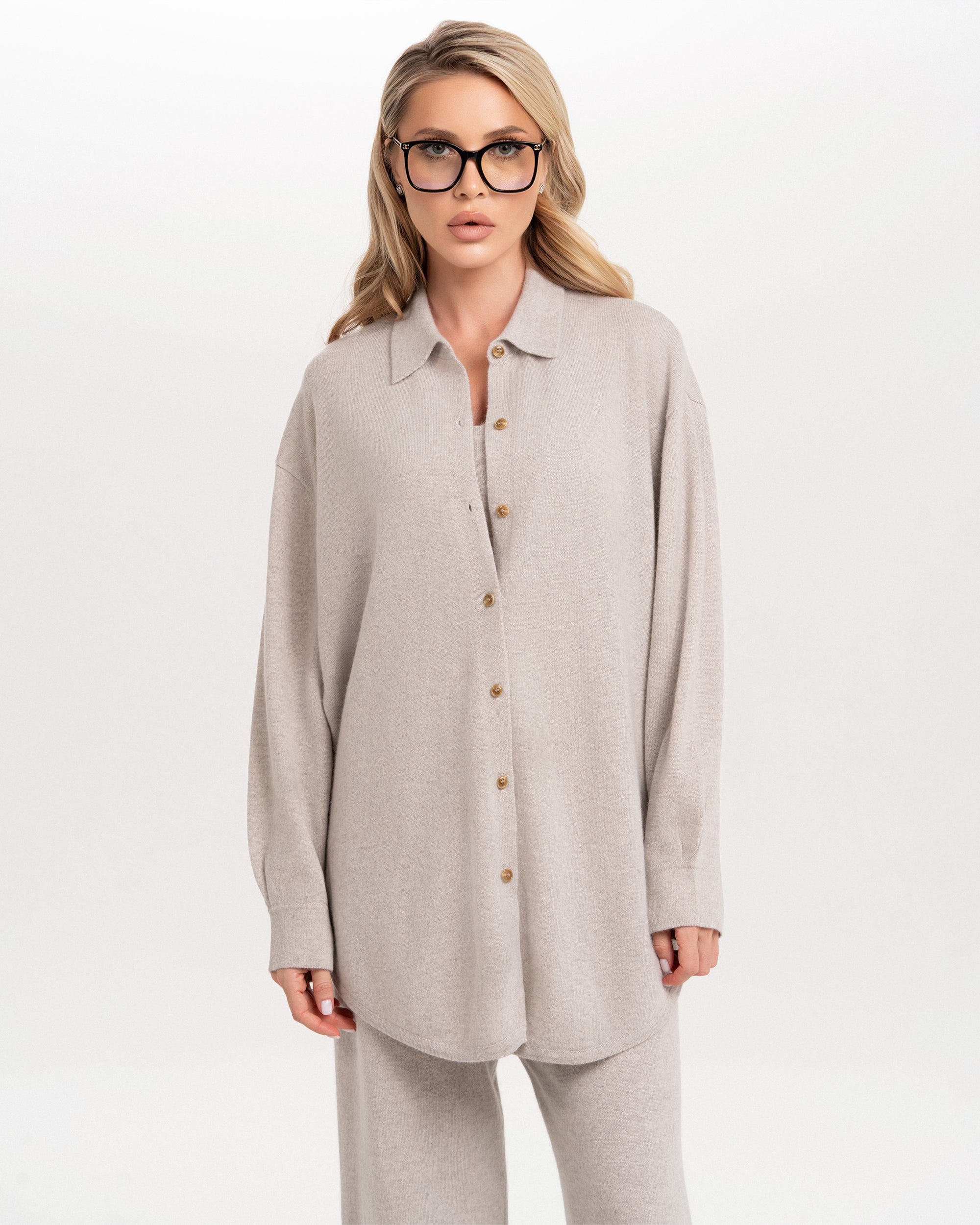 Luxury Cashmere Knit Lounge Set, Relaxed Fit Shirt & Wide-Leg Pants