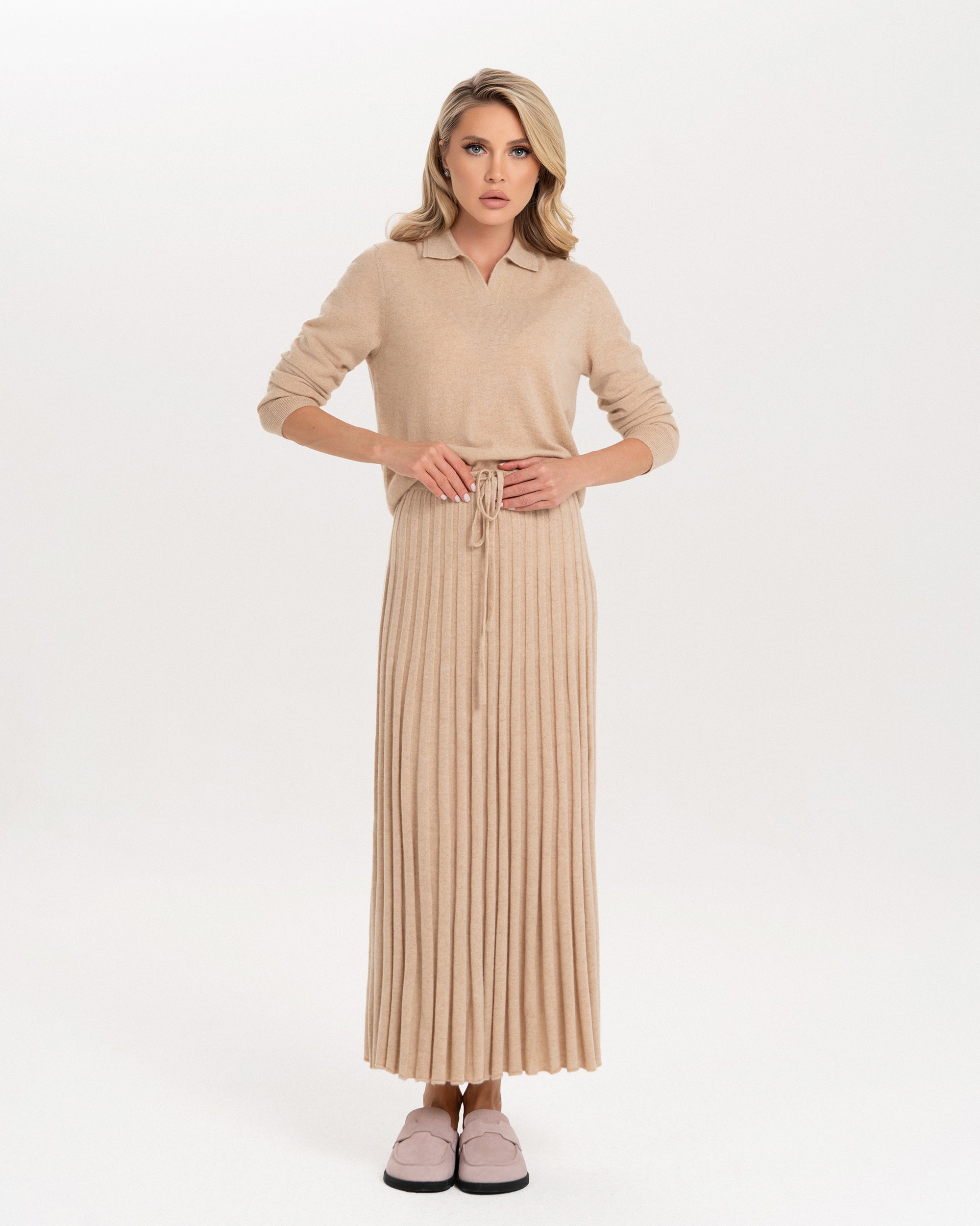 Luxury Cashmere Sleeveless Top & Pleated Midi Skirt Set