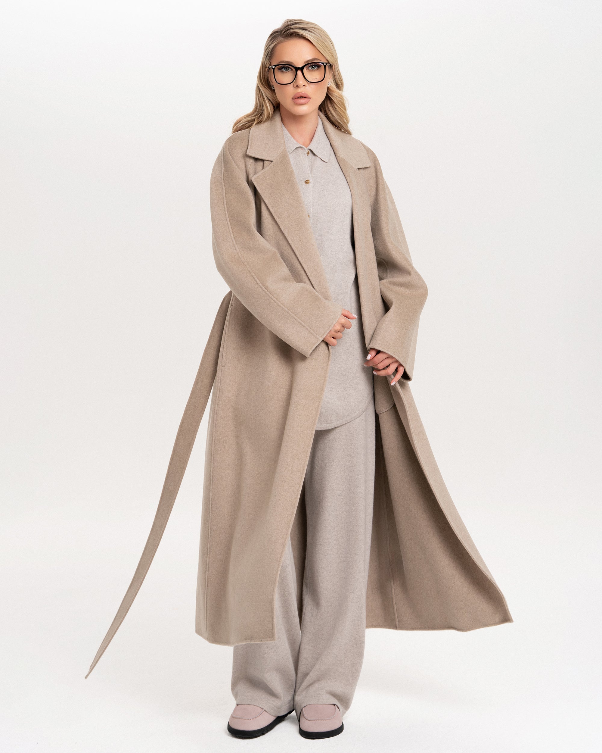 Mid-Length Cashmere Wrap Coat with Belt